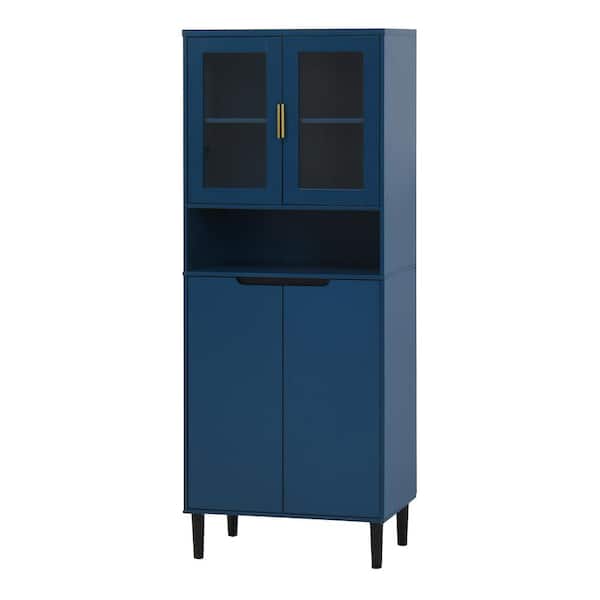 Nestfair 23.62 in. W x 13.78 in. D x 63 in. H Blue Linen Cabinet with 2-Glass Display Door and 2-Doors