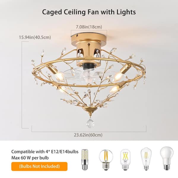 23.62 in. 4-Light Indoor Gold Caged Crystal Reversible Timer Low Profile Flush Mount Ceiling Fan with Light and Remote
