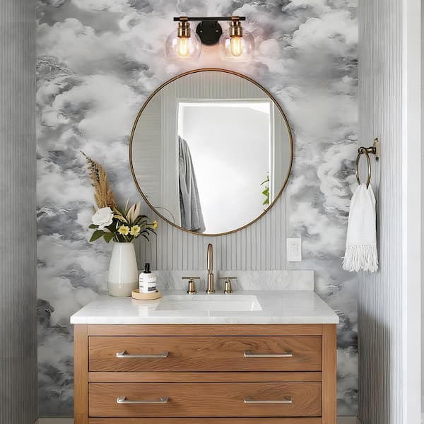 14 in. 2-Light Modern Black Bathroom Vanity Light, Rustic Vintage Brass Vanity Light, Globe Seeded Glass Wall Sconce