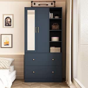 Blue Wood 35.5 in. W Armoires Wardrobe With Mirror, Pulling Hanging Rod, Drawers, Shelves 15.8 in. D x 70.8 in. H