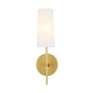 Timeless Home Mercy 4.75 in. W x 15.5 in. H 1-Light Brass and White Shade Wall Sconce