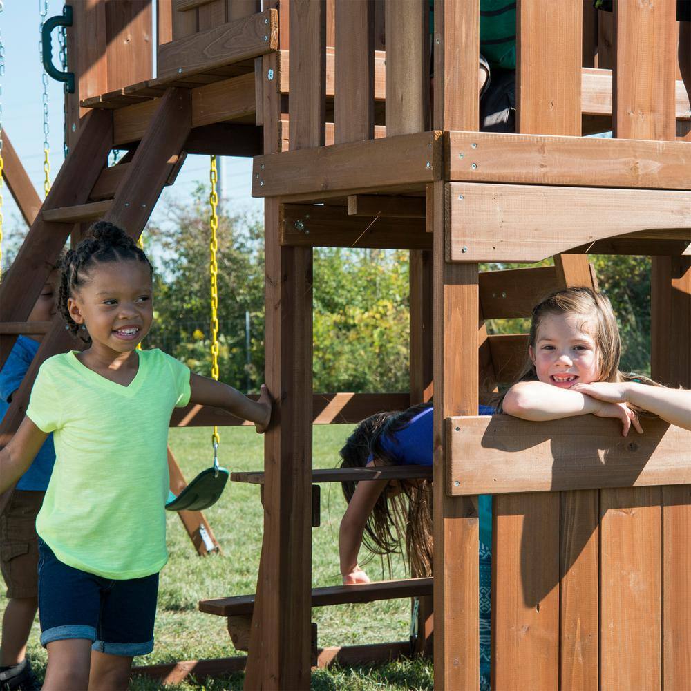Elkhorn Wooden Backyard Swing Set with Slide and Climbing Wall