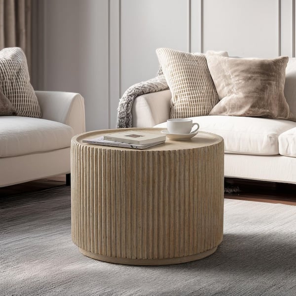 Sibley Brown Round Wood Fluted Outdoor Coffee Table, Natural