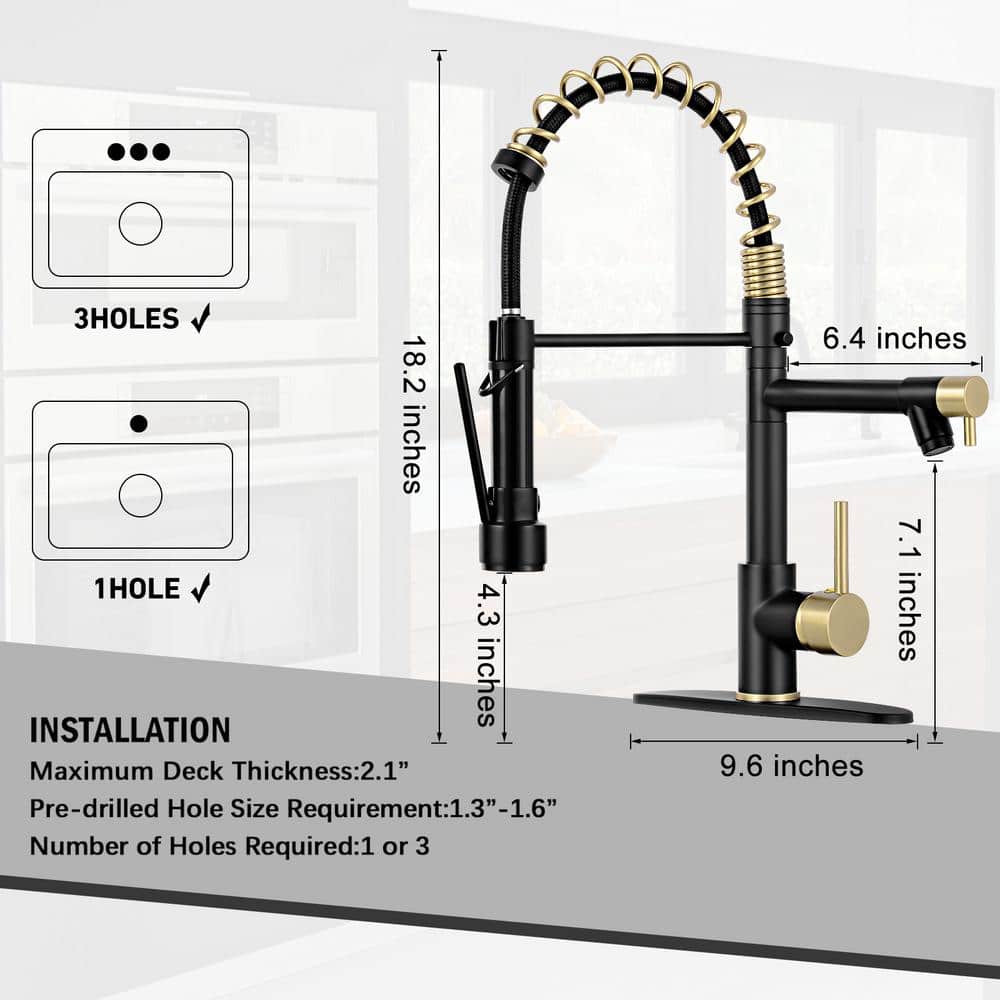 Matte Black and Gold Stainless Steel Pull Down Kitchen Faucet