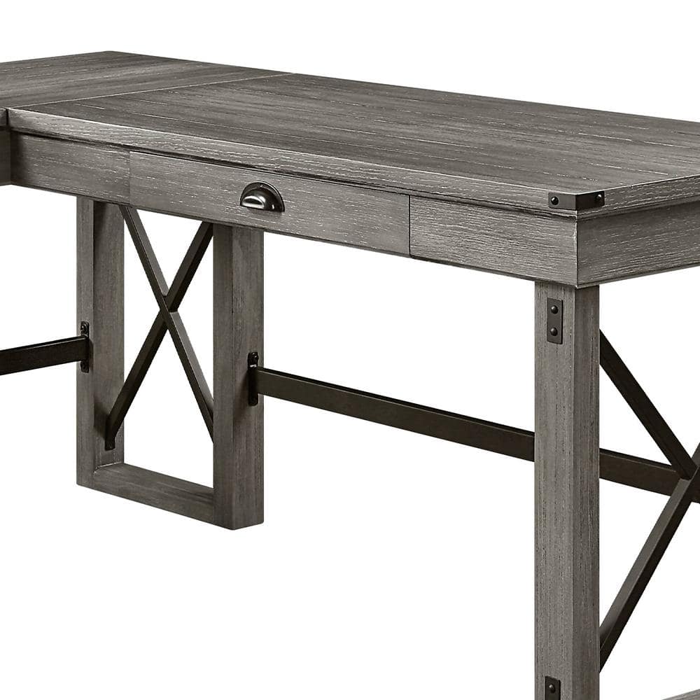 Weathered Gray Corner Writing Desk with USB and Filing Cabinet