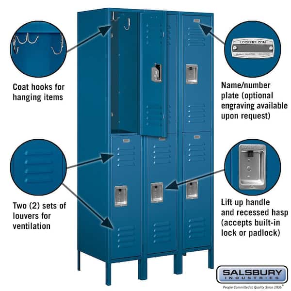 Salsbury Industries 62368BL-U Unassembled Standard Metal Locker with Double Tier Blue