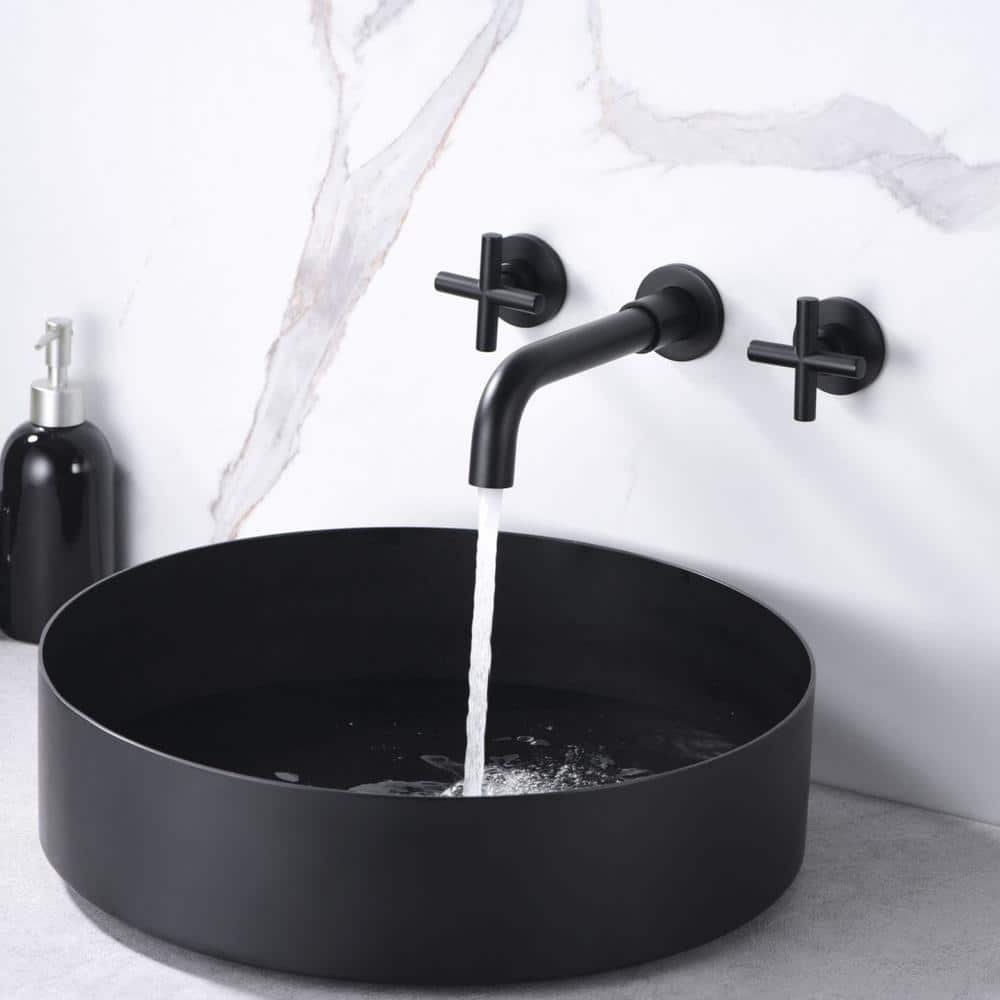 Brushed Gold Wall Mount Bathroom Faucet with Cross Handles