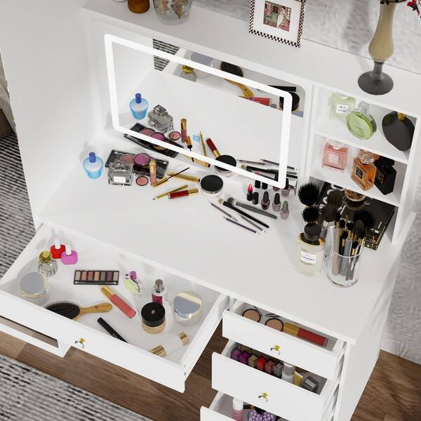 FUFU&GAGA White Wood Wardrobe Makeup Vanity Set With Armoire closet Glass  Table Top Lighted Round Mirror Hanging Rod Drawers WFKF180143-01 - The Home  Depot