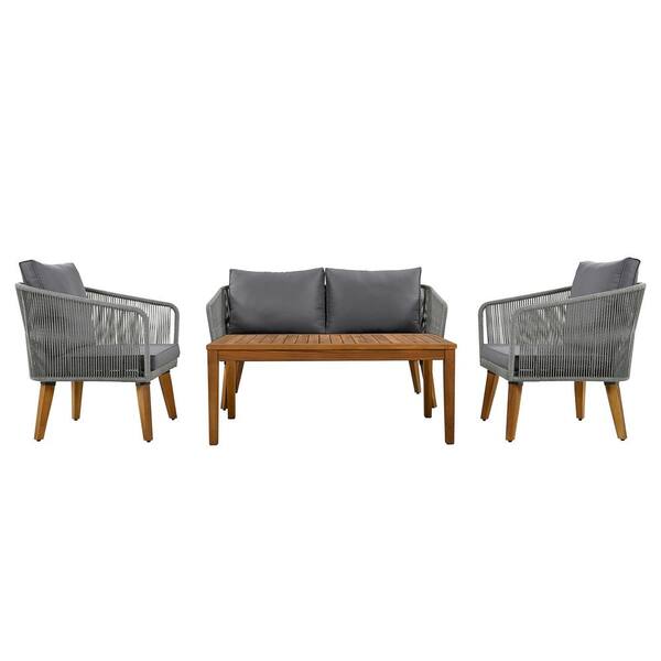ITOPFOX 4-Piece Solid Wood Patio Conversation Set with Gray Rope Dark Gray Cushions