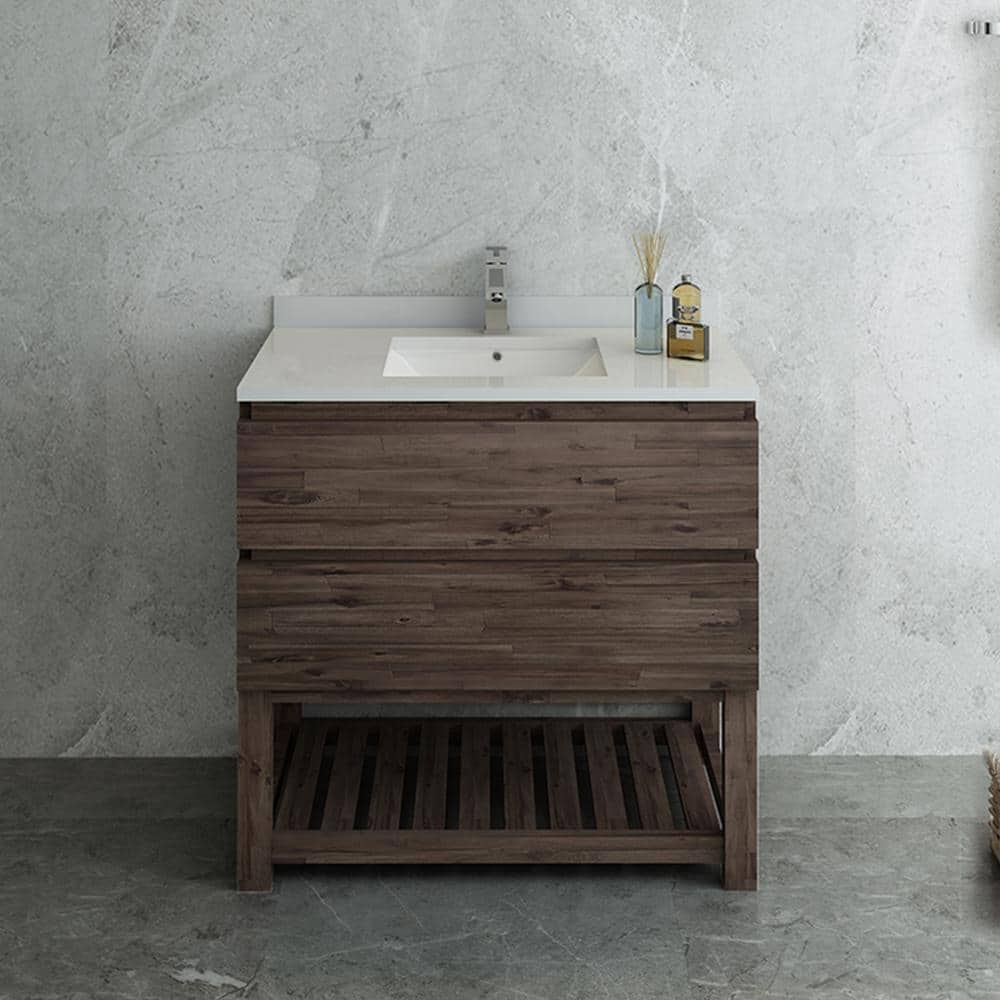 Elegant Acacia Wood 36" Vanity with Quartz Top and Open Shelf