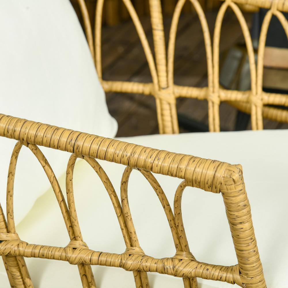 Cream White Cushioned Wicker Rocking Chair Patio Set with Glass Table