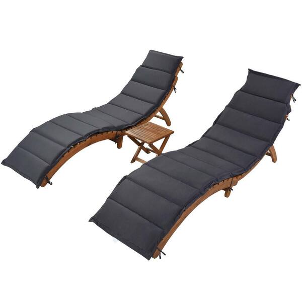 Zeus & Ruta Brown 3-Piece Wood Outdoor Portable Extended Chaise Lounge Set with Dark Gray Cushions (2-Chairs and 1-Table)