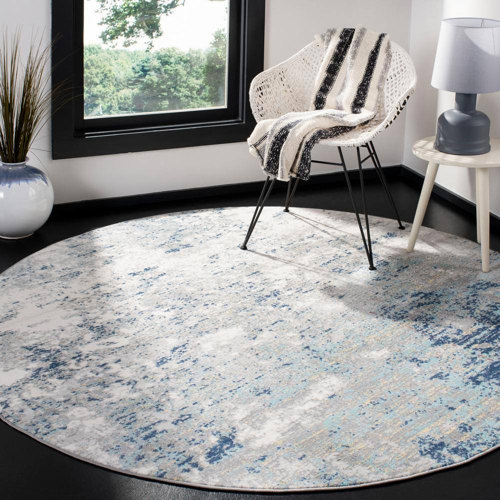 Contemporary Abstract Grey/Blue Synthetic Round Rug - 5'