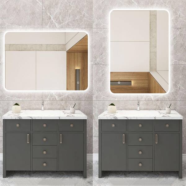 KINWELL Bathroom Mirror 31.5-in W x 23.6-in H LED Lighted White Rectangular Fog Free Frameless Bluetooth Bathroom Vanity Mirror