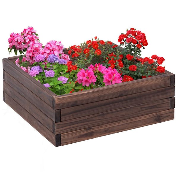 Costway 24 in. L x 24 in. W x 9 in. H Brown Fir Wood Square Raised Bed Vegetables Seeds Planter Kit