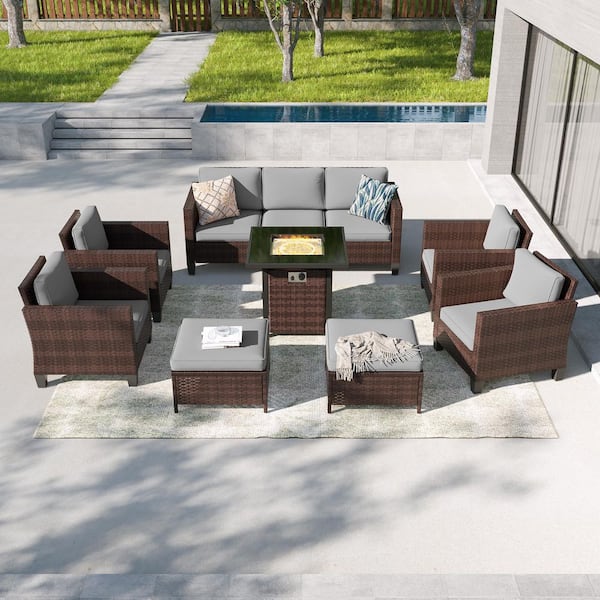 8-Pieces Patio Conversation Set with Square Fire Pit Table, Brown Wicker Wide Armrests Sofa with Gray Cushion