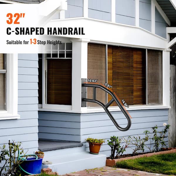 VEVOR Handrails for Outdoor Steps 18.9 in. x 3.15 in. Black steel Stair Railing Kit Wall Mount Railings 1-3 Steps U-Shaped