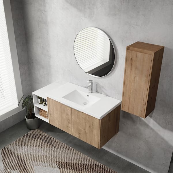 48 in. Single Sink Floating Imitative Oak Bath Vanity with White Resin Top, Open Shelf and Side Cabinet Unassembled