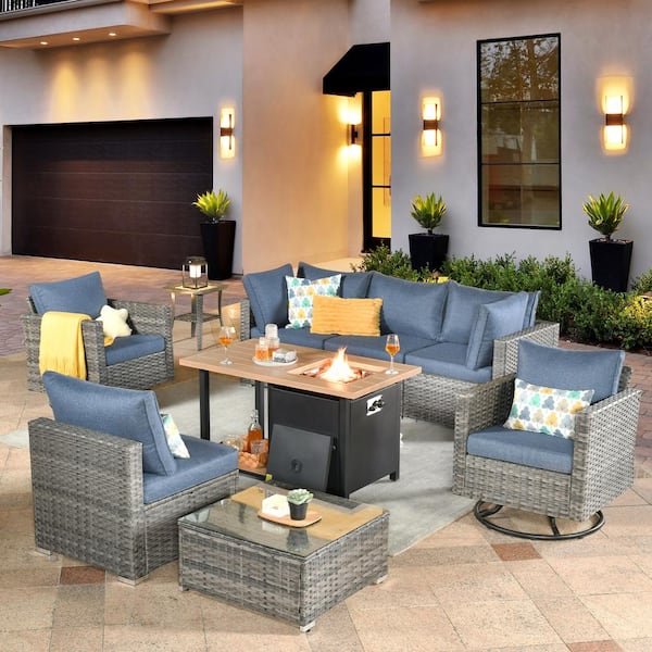 XIZZI Artemis Gray 9-Piece Wicker Patio Rectangular Fire Pit Set with Denim Blue Cushions and Swivel Rocking Chairs