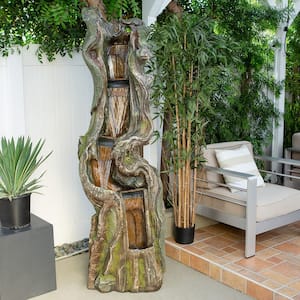 79 in. Tall Outdoor Tree Trunk Waterfall Floor Fountain with LED Lights