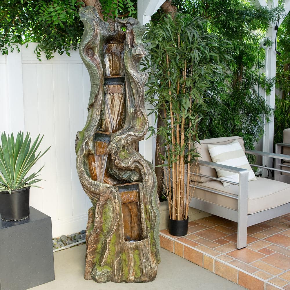 79" Natural Wood Look Resin Tiered Fountain with LED Lights