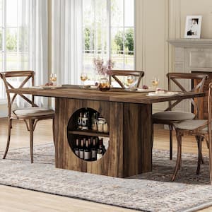 Halseey 63 in. Rectangular Rustic Brown Wood Pedestal Dining Table with Storage, Farmhouse Dinner Kitchen Table for 4