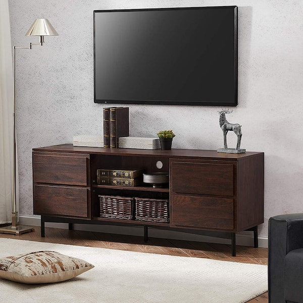 WAMPAT Mid Century Modern TV Stand for 65  Flat Screen Living Room Storage Entertainment Center Black Wood TV Console with Shelves and Doors 