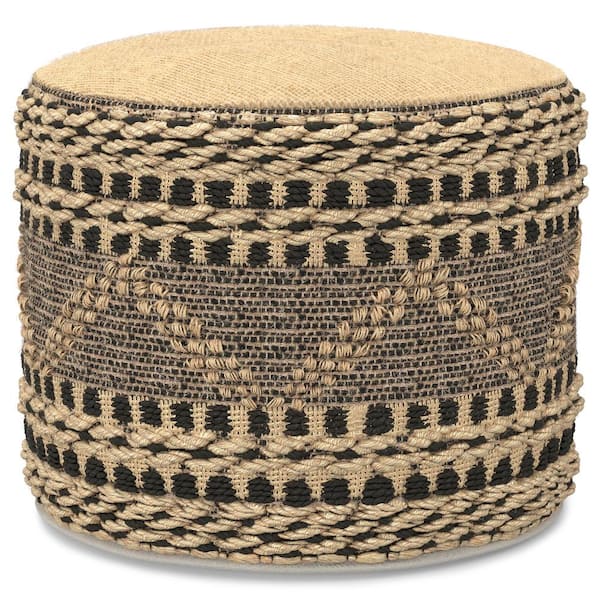 Simpli Home Stella Contemporary Round Woven Pouf in Natural, Black Jute