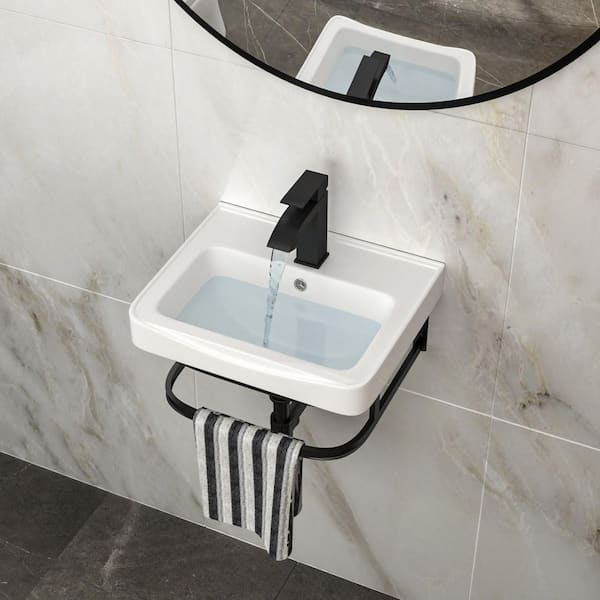 Lyero 17 in. Wall Mount Bathroom Sink White Ceramic with Black Towel Bar, Overflow and Black Faucet