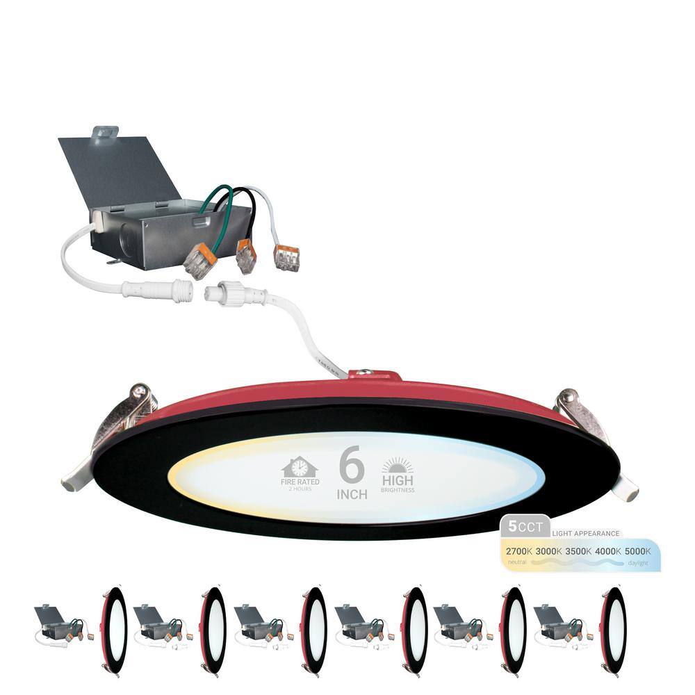 6" Black Ultra-Thin Fire Rated LED Recessed Downlight, 6-Pack