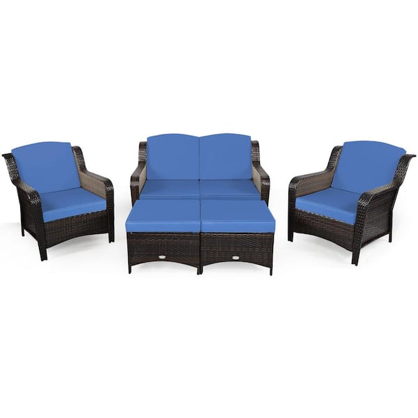 WELLFOR 5-Piece Wicker Patio Conversation Set with Navy Cushion and Ottoman