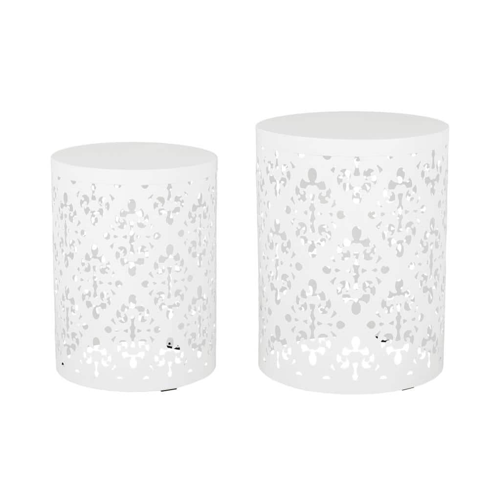 White Round Iron Outdoor End Table with Iron Cut Design 2-Pieces