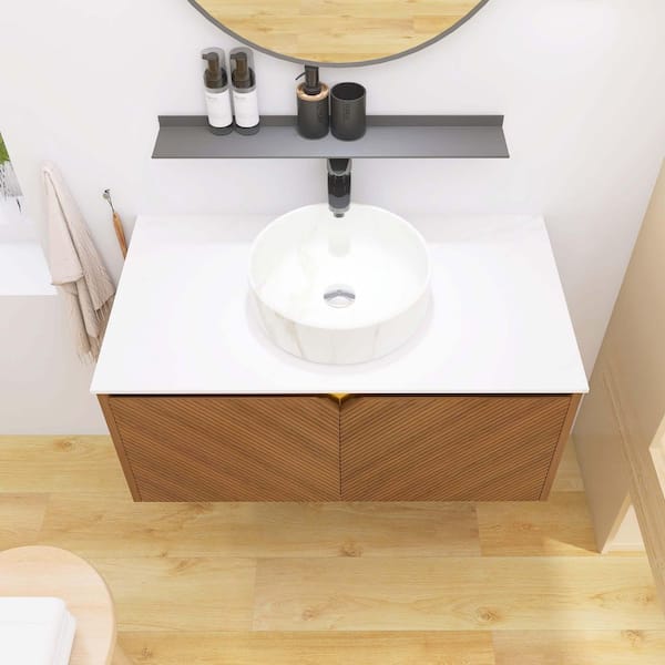 Yingze 36 in. Wall Mounted Single Sink Brown Oak Bath Vanity with