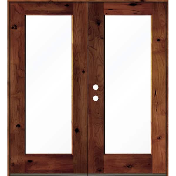 Krosswood Doors 72 in. x 80 in. Rustic Knotty Alder Wood Clear Full-Lite Red Chestnut Stain Right Active Double Prehung Front Door