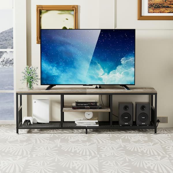 VECELO TV Stand with Power Outlets for Televisions up to 70", 62" Media Entertainment Center with 3-Tier Open Shelves Gray