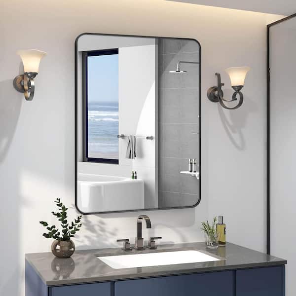 Unbranded 24 in. W x 32 in. H Modern Wall Mount Black Metal Framed Rectangular Round Corner Vanity Mirror