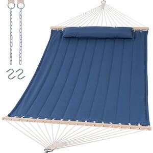 12-15 ft Quilted Double 2-Person Hammock with Hardwood Spreader Bar and Pillow in Blue