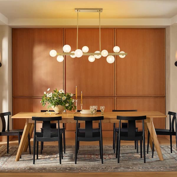 Croner 12-Light Brushed Gold Modern Linear Sputnik Chandelier with Frosted Opal Bubble Globe Glass Shade