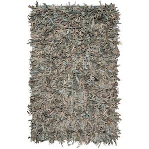 Leather Shag Gray/Beige Doormat 3 ft. x 5 ft. Solid Area Rug