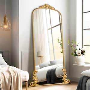 29 in. W x 68 in. H Large Rustic Wall Mirror Free Standing Leaning Metal Mirror Full Size Carved Floor Mirror in Gold