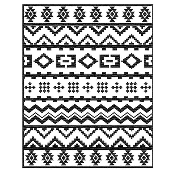 BOZTIY Black and White 8 ft. x 10 ft. Plastic Geometry Indoor/Outdoor Patio Area Garden Stool Rug