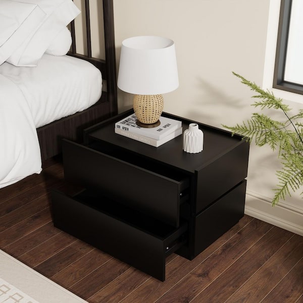 2-Drawer 23.6 in. Black Wooden Nightstands Modular Stackable Bedside Table for Bedroom