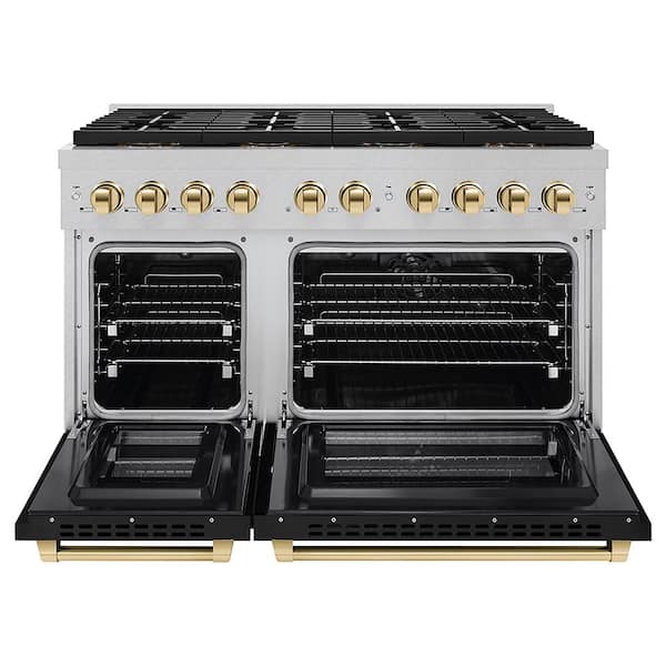 Autograph 48 in. 6.7 cu. ft. Paramount Dual Fuel Range with 8-Burner Cooktop and Dual Ovens in Satin with Black and Gold