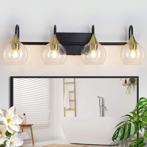 28.7 in. 4-Light Black and Gold Vanity Light with Clear Glass Shades