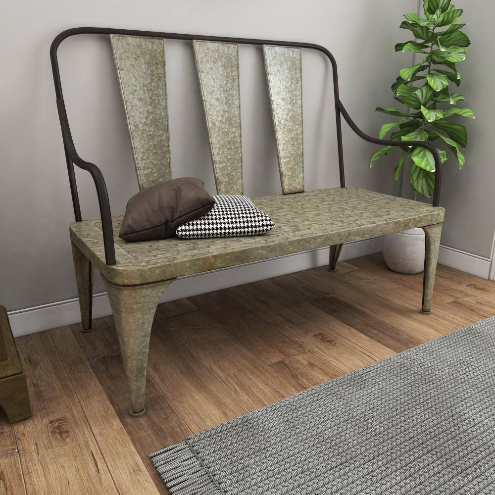 Silver Metal Farmhouse Outdoor Garden Bench, 2-Seater
