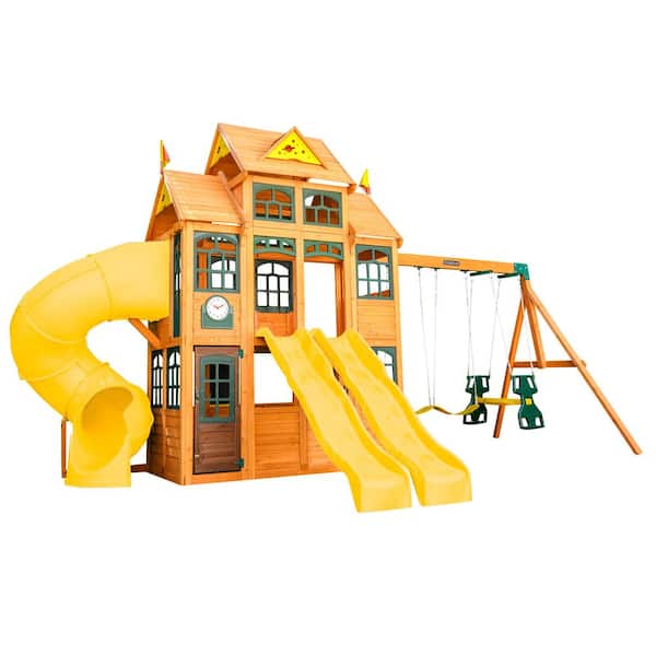 DIY Atlas Point Wooden Outdoor Playground Set with Slides, Rock Wall, Cafe, Play Kitchen, Swing Set, and Accessories