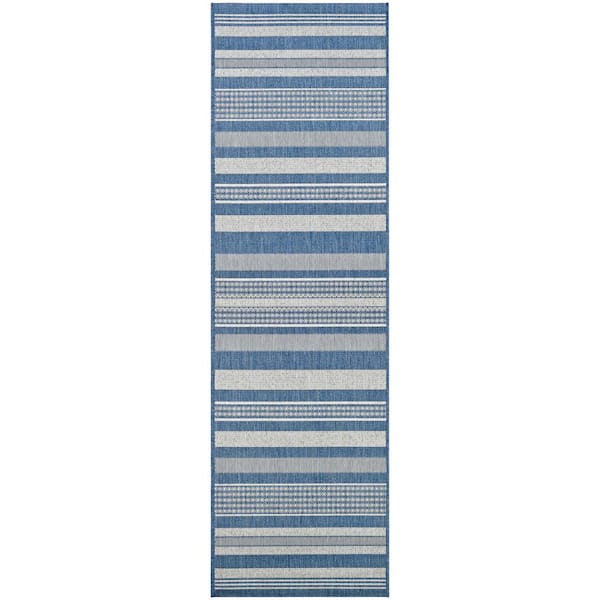 Recife Gazebo Stripe Champagne-Blue 2 ft. x 8 ft. Indoor/Outdoor Runner Rug