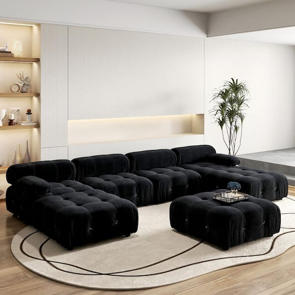Chameleon 138 in. Square Arm 7-piece Modern Velvet Modular Combination Sectional Sofa Couch with 3 Ottomans in. Black