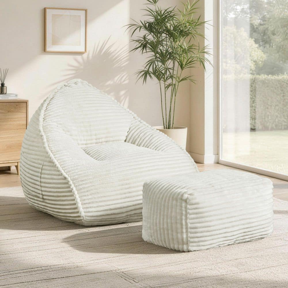 Walker 41.34 in. Armless 2-piece Fabric Bean Bag Sectional Sofa in Cream with Ottoman and Side Pocket price history