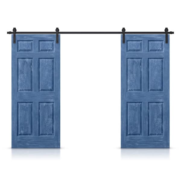 CALHOME 30 in. x 80 in. Vintage Blue Stain Composite MDF 6-Panel Interior Double Sliding Barn Door with Hardware Kit